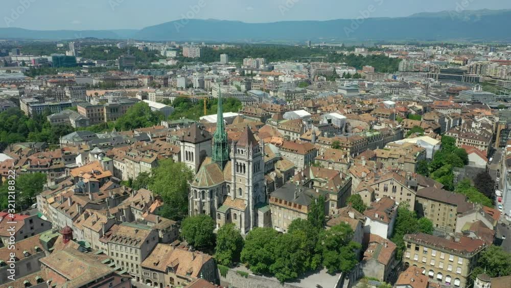sunny day flight over geneva city famous church aerial panorama 4k switzerland sunny day flight over geneva city famous church aerial panorama 4k switzerland