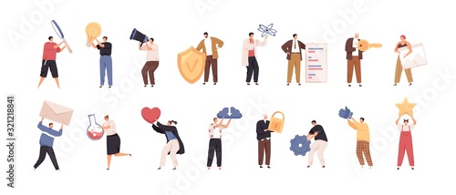 Set of tiny people with big items isolated on white background. Collection of person different activities and occupation vector flat illustration. Cartoon characters holding various tools