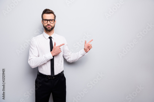 Photo of handsome business man professional indicating fingers empty space advising novelty office product gadget wear specs shirt pants tie isolated grey color background