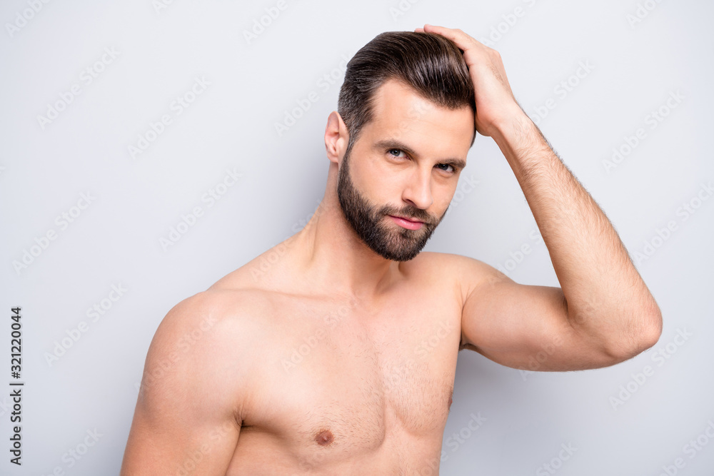 Closeup photo of macho man guy hold hand touch perfect neat hairstyle look mirror naked torso masculine body groomed appearance isolated grey background