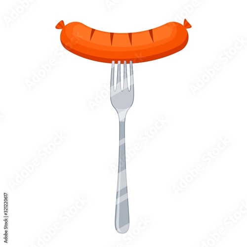 Grilled sausage on a fork icon isolated on white background. Meat food vector illustration