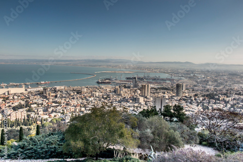 View of Haifa from the hill. Haifa is an Israeli city and port on the Mediterranean Sea.