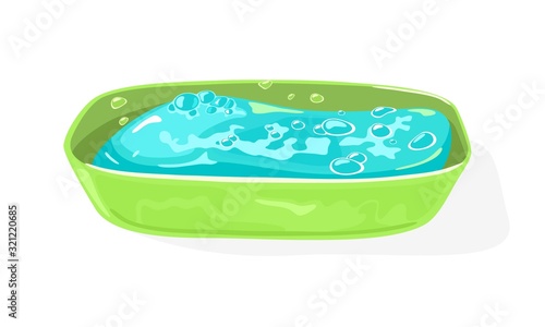 Blue soap is in green box, dish, holder with transparent foam bubbles on surface. Bathroom, washroom, lavatory accessory, Personal hygiene, skin body care product. Vector cartoon illustration on white