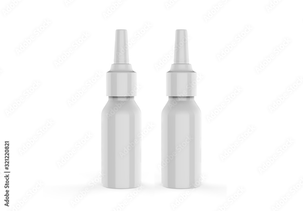 White blank plastic nasal drops bottle with dispenser pump, mock up template on isolated white background, 3d illustration White blank plastic nasal drops bottle with dispenser pump, mock up template on isolated white background, 3d illustration