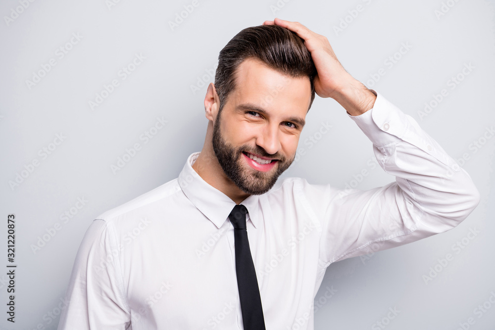 Closeup photo of macho business man touch groomed neat hairdo salon beaming smiling look mirror love himself wear white office shirt tie isolated grey color background Closeup photo of macho business man touch groomed neat hairdo salon beaming smiling look mirror love himself wear white office shirt tie isolated grey color background