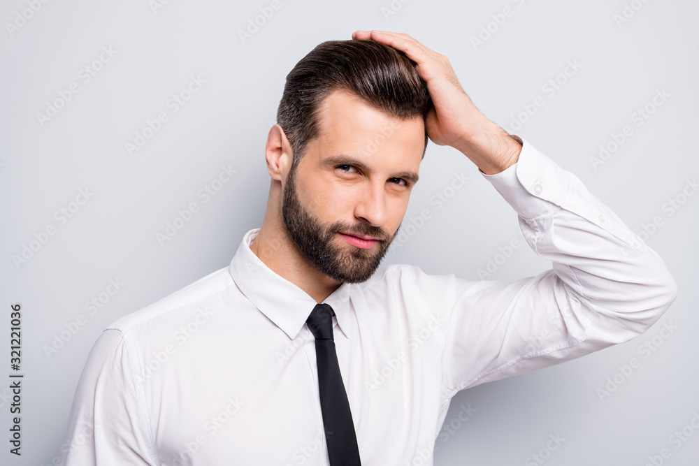I'm handsome. Closeup photo of macho business man touch arm groomed neat hairdo teasing hot tender look wear white office shirt tie isolated grey color background I'm handsome. Closeup photo of macho business man touch arm groomed neat hairdo teasing hot tender look wear white office shirt tie isolated grey color background