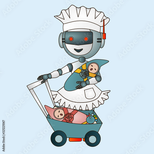 a robot nanny in a apron and a cap holding a baby in her arms, and the other child lies in a stroller, color emoticon on isolated background