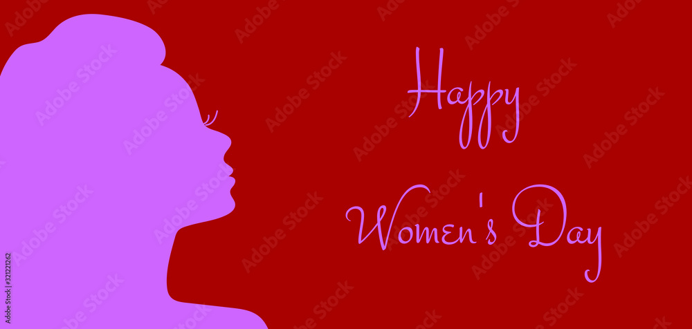 Happy Women's day card or banner with pink silhouette of a beautiful girl on red background. Minimalistic design for international women's day. Valentine's Day, Romance and Love, Beauty and Fashion.