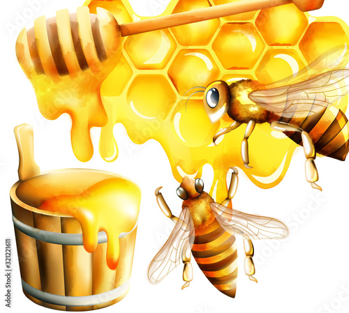 Honey watercolor set with honeycomb and big bee flying