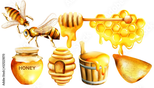 Honey watercolor set with jar, dipper, bees, honeycomb, house and bucket
