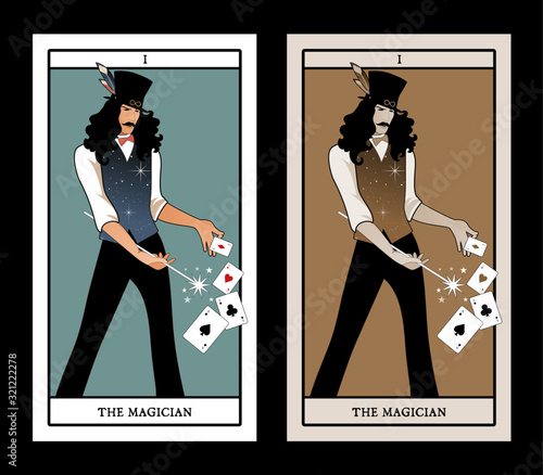 Major Arcana Tarot Cards. The Magician with mustache and top hat, holding a magic wand doing magic with playing cards..