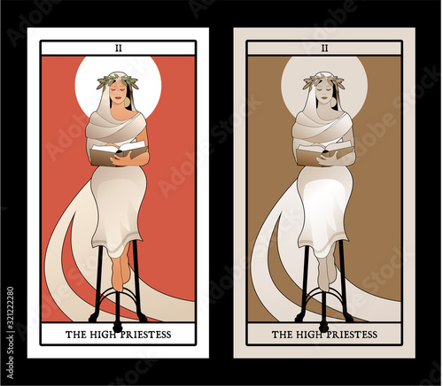 Major Arcana Tarot Cards. The High Priestess with a laurel wreath and aura around her head, reading a book sitting on a tripod, like a Greek pythia