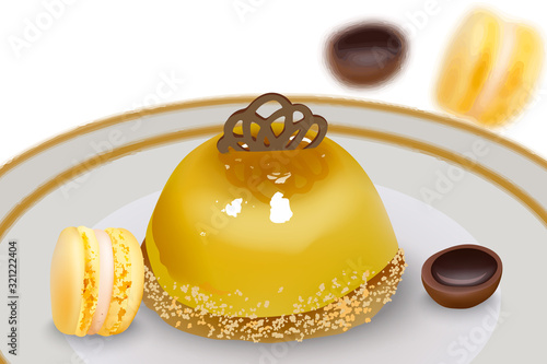 Delicious pudding cake with macaron sweets and toffee candy