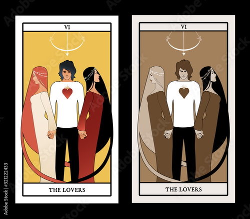 Major Arcana Tarot Cards. The Lovers. Young man holding two beautiful women by the hand. T-shirt with heart on the chest and bow and arrow on his head