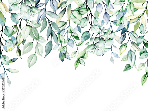 Drop border with watercolor leaf, hand painting leaves, isolated on white. Perfectly for web design, greeting, wedding invitation, fabric and other printing. 