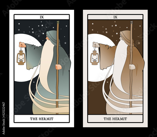 Major Arcana Tarot Cards. The Hermit. Old man with a long beard, wearing a long hooded robe, leaning on a staff and illuminating his path with an old lamp