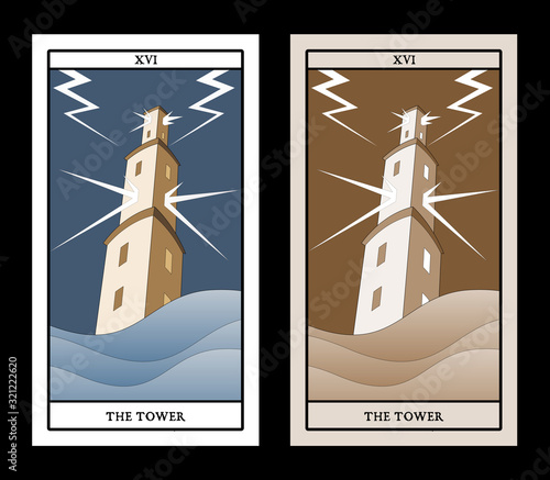 Major Arcana Tarot Cards. The Tower. Large tower over raging sea, under the storm and hurt by lightning