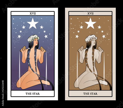 Major Arcana Tarot Cards. The Star. Beautiful girl naked under seven stars, pouring water from two golden bowls. She wears a wreath of flowers and long dark braids adorned with little flowers