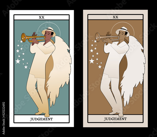 Major Arcana Tarot Cards. Judgement. Archangel with great wings, wearing hat playing the trumpet.