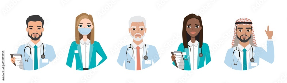 Group of doctors, nurses and medical staff people. Different nationalities. Hospital medical team concept. People character set