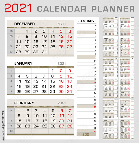 Calendar planner template 2021. Week start from Monday. 3 month calendar on page, with right stripe calender of the topical month. Ready for print. Vector Illustration