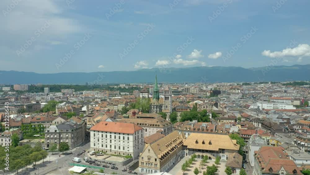 sunny day flight over geneva city famous church area aerial panorama 4k switzerland sunny day flight over geneva city famous church area aerial panorama 4k switzerland