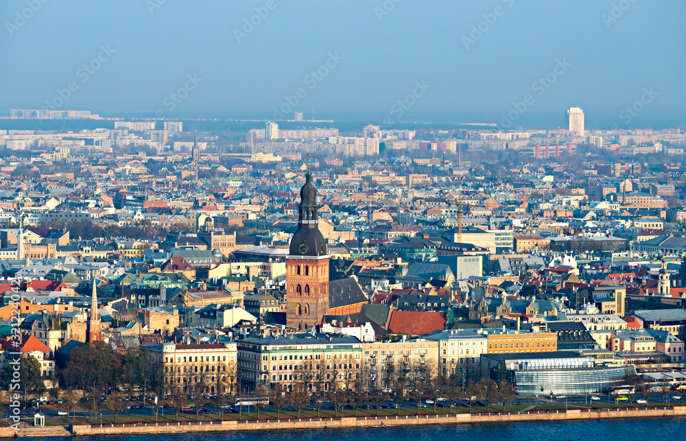 Aerial view on center of Riga – the capital of and largest city of  Latvia, major financial, commercial, historical, cultural and tourist city in Baltic region