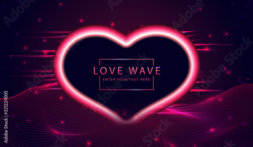 Abstract Valentine's Day background dyanmic love shiny shape and warp wave line 3d grid ground. Cyber technology Ai tech wire network futuristic wireframe.