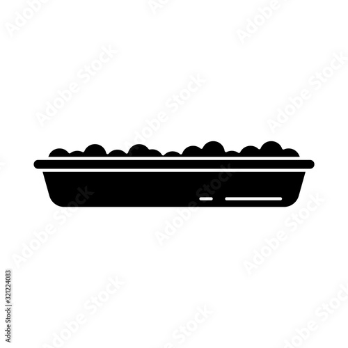 Cutout silhouette Flat container with poured substance. Food plate, basin with soap suds, cat litter toilet, building mixture. Outline black icon. Flat isolated vector illustration on white background