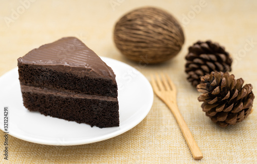 Chocolate cake with a white coffee cup.