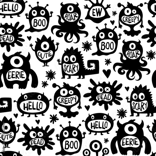 Black and white vector seamless pattern with flat cartoon cute monsters. Scary spooky and creepy creatures. Can be used for wallpapers, web page backgrounds.