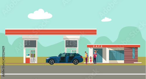 Gas station on the background of the countryside landscape and a car with family. Vector flat style illustration.