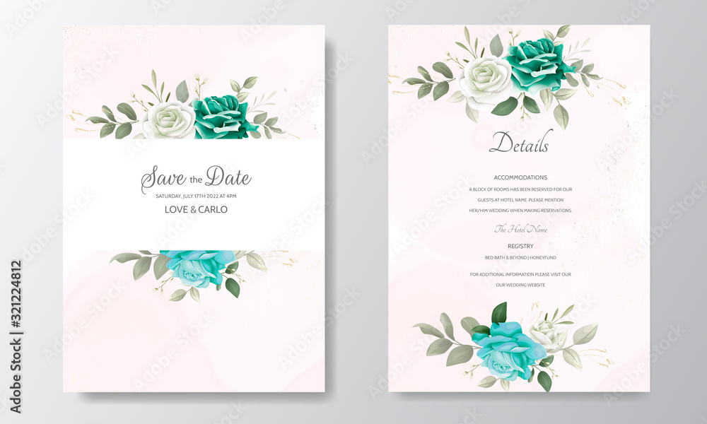 Beautiful wedding invitation card template set with greenery floral leaves and gold frame