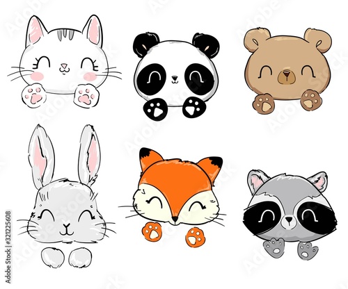 Cat, panda, bear, hare, fox, raccoon. Vector illustration.