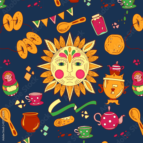 Maslenitsa. Pattern. Color illustration on a dark background. Cute greeting card, sticker or print.