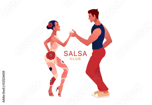Happy Valentine's Day. Salsa party club. Beautiful young couple dancing salsa in the city. Street dancing. People in love, dating. Vector illustration cartoon style. Dance studio logo.