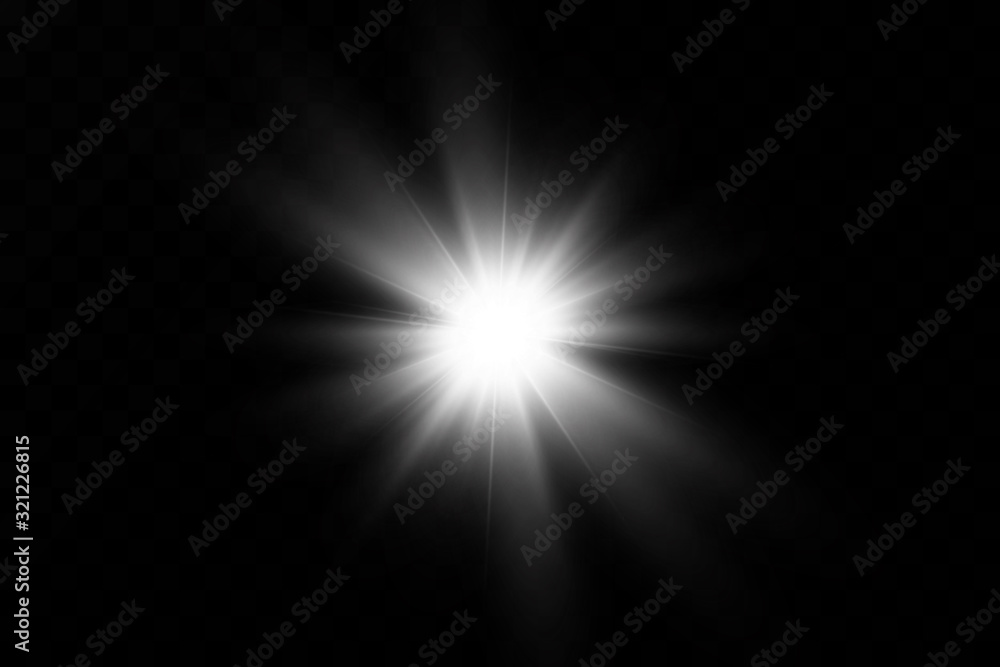 White glowing light explodes on a transparent background. with ray. Transparent shining sun, bright flash. The center of a bright flash