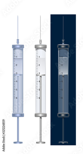 reusable medical glass transparent and frosted syringes for injection and vaccination, color vector illustration isolated on white background in clipart and realistic style