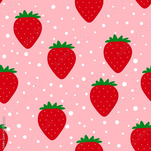 Strawberry pattern. Seamless dotted background with drawn berry. Red fruit. Flat cartoon style. Great for kitchen, tablewear, fabric, textile. Vector