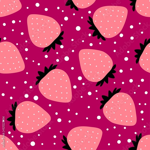 Strawberry pattern. Seamless dotted background with drawn berry. Red fruit. Flat cartoon style. Great for kitchen, tablewear, fabric, textile. Vector