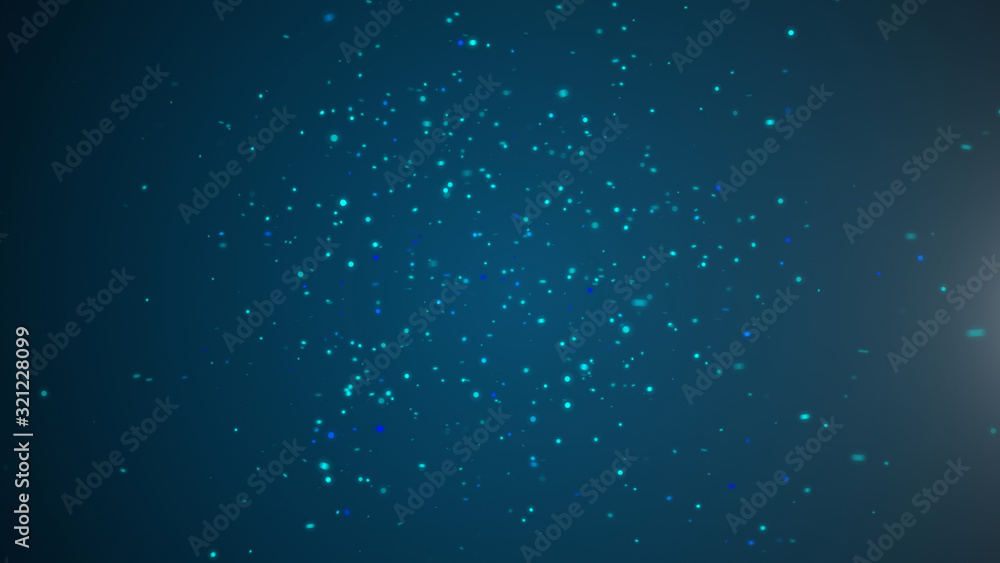 Blue glittering star dust sparkling particles swirling on black background.