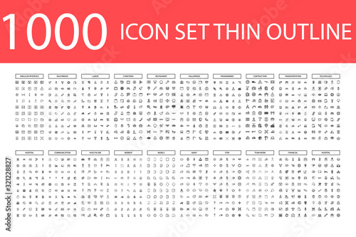 1000 Vector illustration of thin line icons for business, social media, technology,Christmas,Halloween , labor ,restaurant, medicine, travel, weather, construction, arrow. Linear symbols set