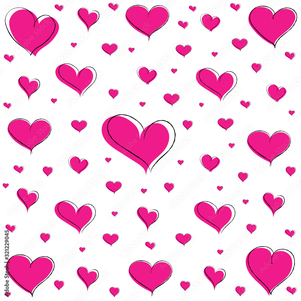 Vector pattern with hand drawn pink doodle hearts. Vector illustration. Pink doodle sketch. Pattern of pink with black stroke of hearts of different sizes. Isolated on white background. Can be used