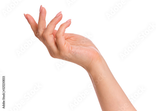 Female hand with manicure, isolated on white background. Beautiful hand of woman with copy space.
