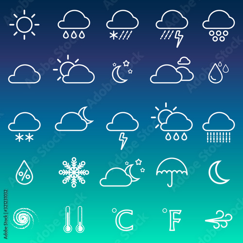 Weather icons collection set isolated on green aurora night sky background.Cool tone.Design for web icon ,Mobile application ,UI.Vector.Illustration.