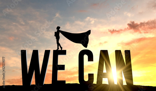 Φωτογραφία Silhouette of superhero woman stood on the word we can