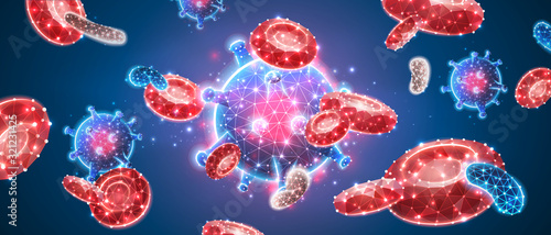Viral infection. Influenza virus cells, and erythrocytes in bloodstream. Abstract polygonal image on dark blue neon background. Low poly, wireframe, digital 3d vector illustration
