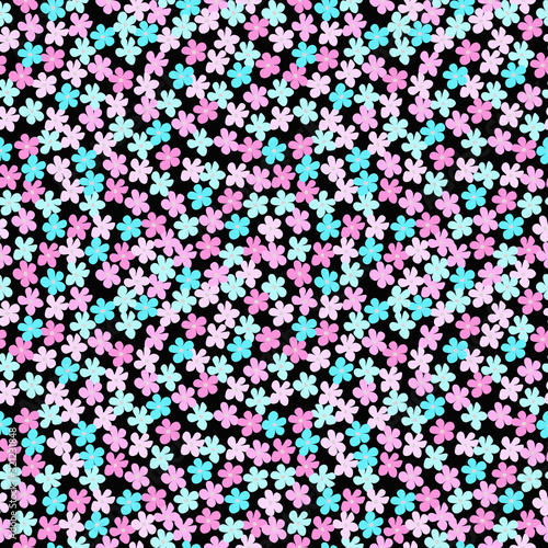 Pattern of pink and blue flower on black background vintage tone for background, wallpaper, fabric textile, paper print, kid clothes.