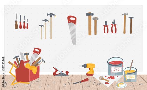 Wall with tools, tool box. Garage. Vector illustration
