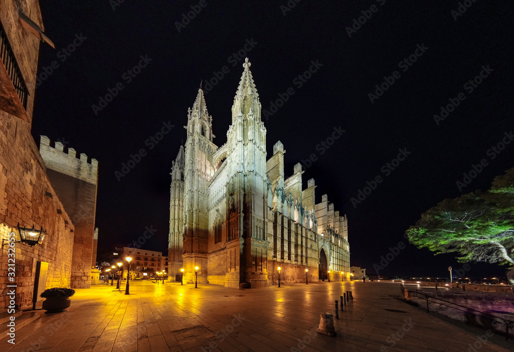 Spain, Balearic Islands, Mallorca, Palma de Mallorca, Placa de la seu, Seu Cathedral at night
